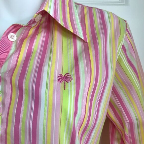 Lilly Pulitzer Striped Button Down Cuffed Shirt Size 6 Hot Pink Green Vintage - Picture 8 of 17